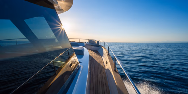 Luxury yacht moving in sea against blue sky.